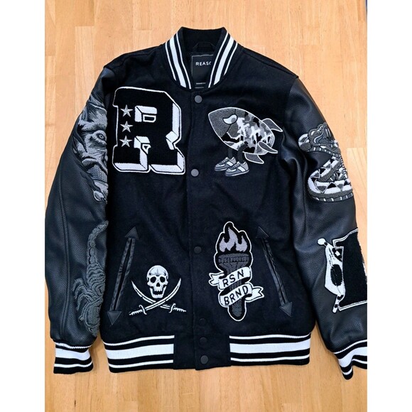 REASON Sport Varsity Letter Bomber Jacket Men's Sz Small Black Wool Blend Lined - Picture 1 of 13